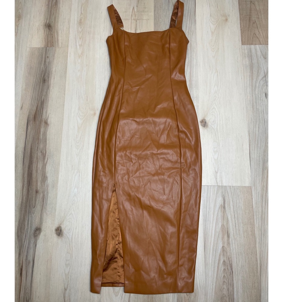 MESHKI Faux Leather Midi Dress Cognac Brown Square Neck Side Slit Womens Small